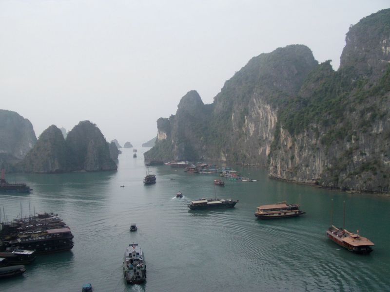 Limestone karsts rising from the water in Vietnam's Ha Long Bay